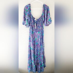 Kasturi Women's Boho Silk Smocked Colorful Paisley Print Maxi Dress Sm/Med NWT